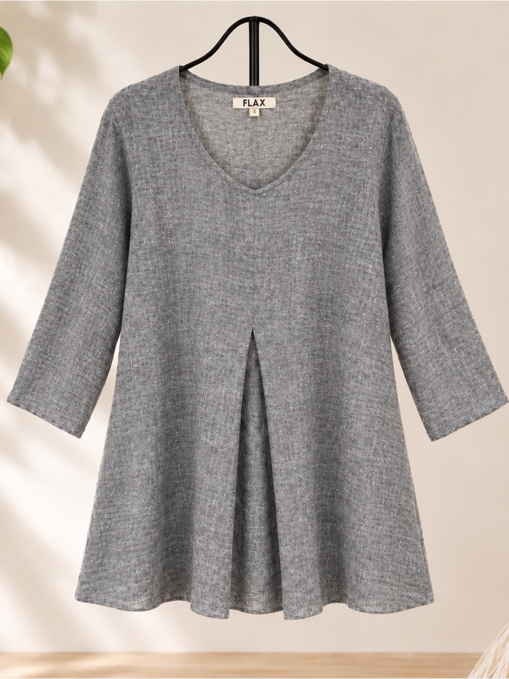 FLAX 100% Linen Variegated Gray V-Neck Pleated A-Line Tunic
